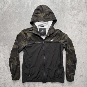 Hollister Jacket Mens Large Black Camo Hooded Softshell Windbreaker Epic Flex